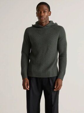 QUINCE Mongolian Cashmere Fisherman Pullover Hoodie in Moss, Size: Men's Medium